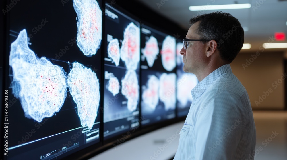 Poster scientist analyzing data visualizations in a high-tech research environment with advanced digital di