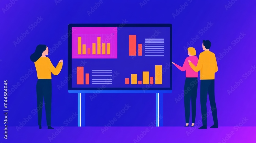 Poster three business professionals engaged in data analysis presentation with colorful graphs and charts o