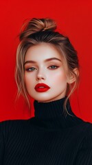 Fototapeta premium Woman poses closely in a photo with a bold red background.. AI Generated