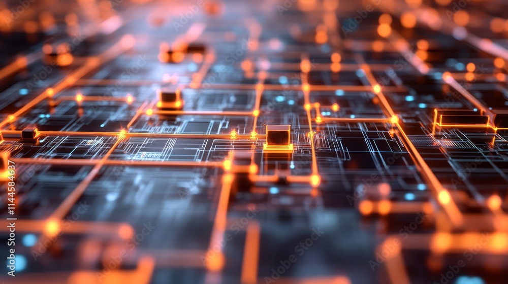 Poster abstract representation of a futuristic digital network with glowing circuits and interconnected ele