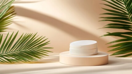 Cream jar elegantly placed mockup photo on softly lit beige pedestal. AI Generated
