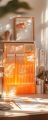Bright workspace with wooden organizer and plants.