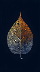 Artistic depiction of a leaf with intricate patterns and gradients of orange and blue.
