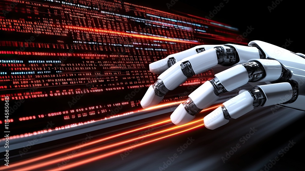 Poster mechanical robot hand interacting with holographic computer code and glowing virtual data, symbolizi