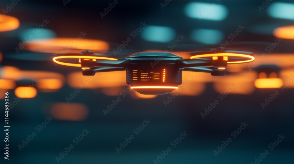 Poster futuristic drone with illuminated lights captured in action, showcasing advanced technology and aest