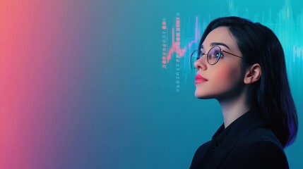 Fototapeta premium A profile of a woman with glasses against a vibrant, digital background, suggesting technology and innovation.