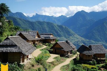 Scenic view of traditional huts nestled in a mountainous landscape.