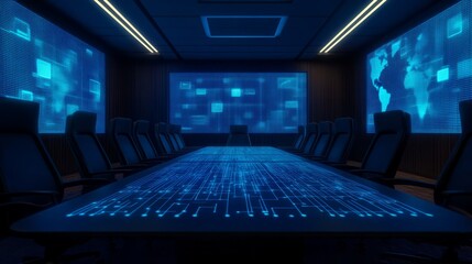 Naklejka premium Modern Conference Room with High-Tech Digital Displays and Futuristic Table Design Featuring Circuit Patterns and World Map Visuals