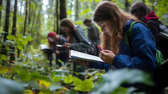 Students Conducting a Field Study in a Lush Forest Environment - Powered by Adobe