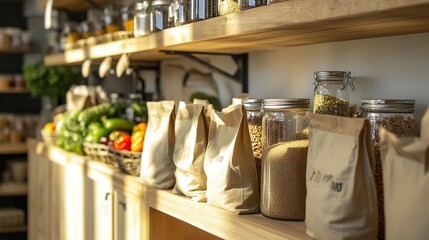 Zero waste store with groceries in paper bags and glass jars.