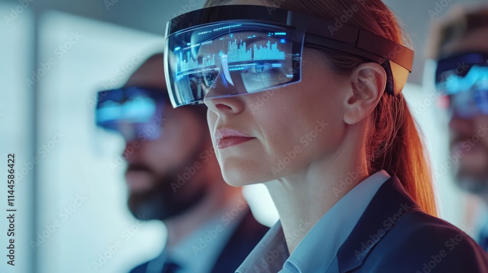 Poster business professionals wearing advanced augmented reality headsets in a modern office environment, f