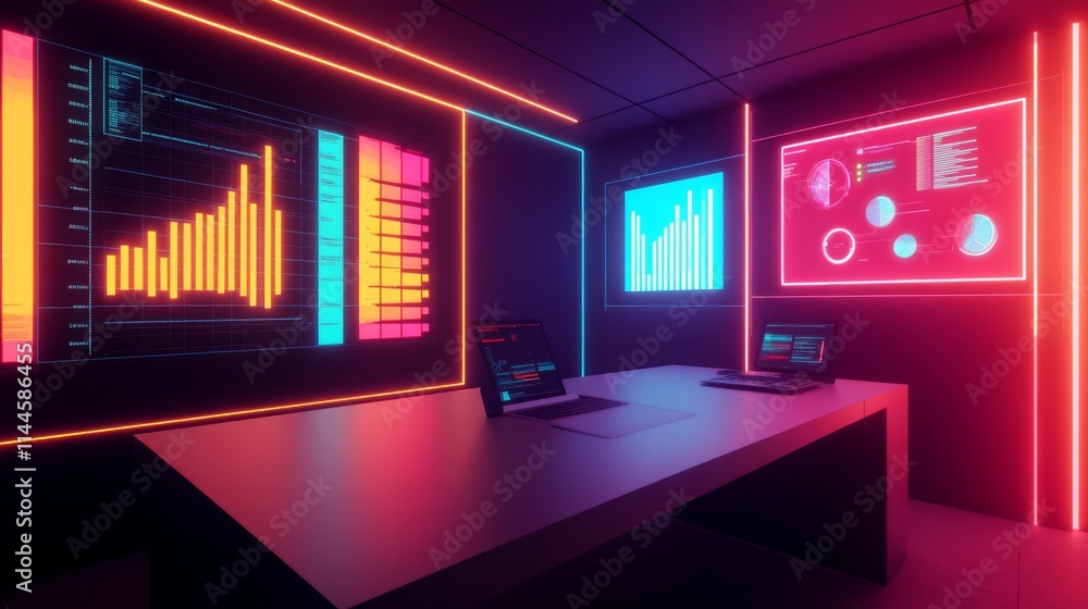 Poster futuristic workspace with neon elements and data visualization screens in a high-tech environment de