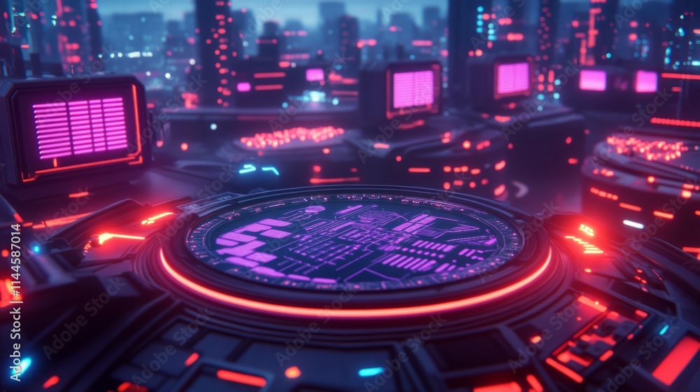 Poster futuristic technology landscape with neon lights and circuit patterns representing a high-tech city 