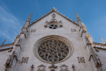 Looking up at the Basilique Saint-Bonaventure de Lyon on clear day with rich blue sky