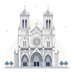 Fototapeta premium Detailed illustration of Gothic cathedral with towers and rose window on white background