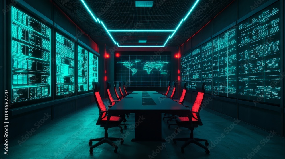 Poster futuristic data center with neon lighting and interactive screens in a modern conference room settin