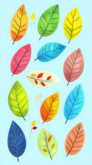 Obraz premium A colorful arrangement of various leaves on a light blue background.