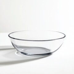 A shallow glass dish with a modern, minimalist design and a transparent finish on a white background