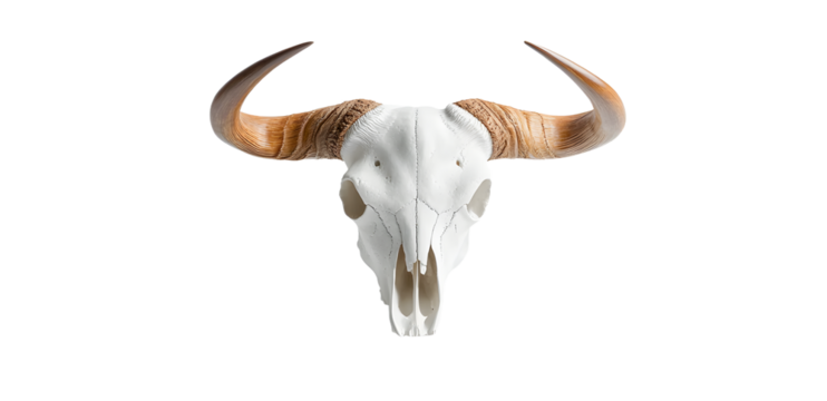 On a white background, a buffalo skull with long horns can be seen - Powered by Adobe