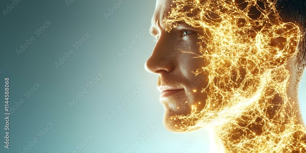 Poster a side profile of a human face merging with glowing, abstract neural network patterns, symbolizing t