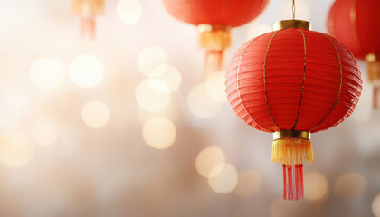 Obraz premium vibrant red Chinese lantern hanging, illuminated by soft bokeh lights, creates festive atmosphere. Perfect for celebrations and cultural events