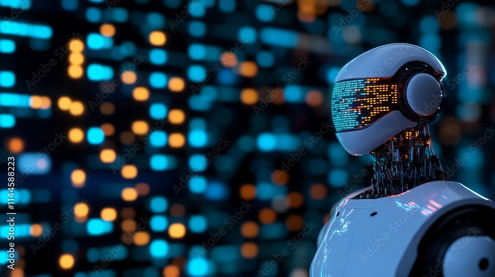 Poster futuristic humanoid robot with digital display head against a vibrant, data-driven background showca