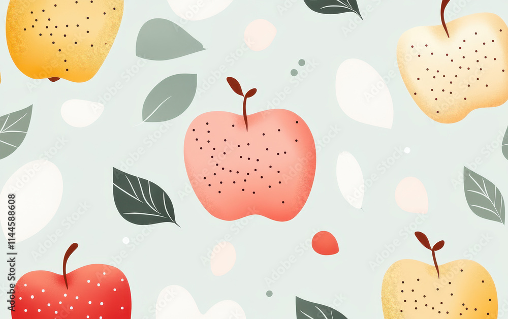 Poster whimsical pattern featuring colorful apples and leaves on light background, creating cheerful and pl