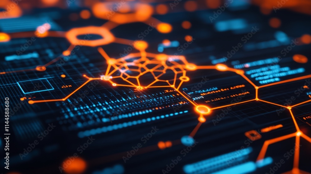 Poster abstract technology background with vibrant orange lines and geometric shapes representing data flow