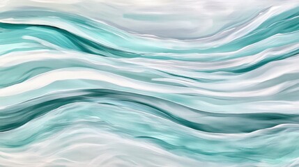 Obraz premium Elegant waves of light turquoise and aquamarine blend seamlessly with soft gray, creating a tranquil representation of flowing motion and peaceful oceanic vibes under a clear, open sky.