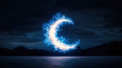Fiery blue crescent moon over calm lake at night.