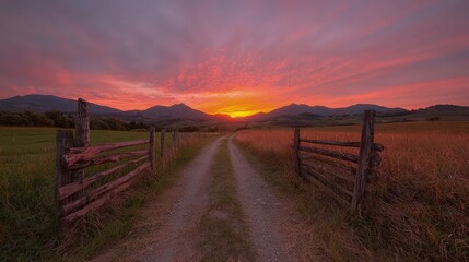 Obraz premium Dirt road leading through a wooden gate towards distant mountains under a vibrant pink and orange sunset sky.