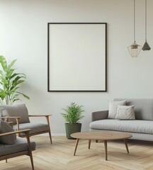Modern room features an empty frame, soft lighting, and minimal wooden flooring.