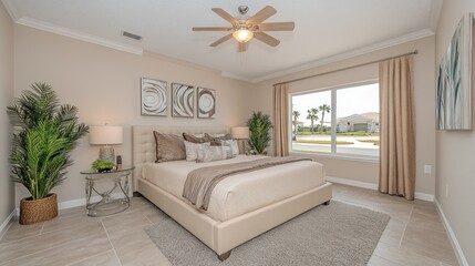 Cozy, modern bedroom with natural light and decor.