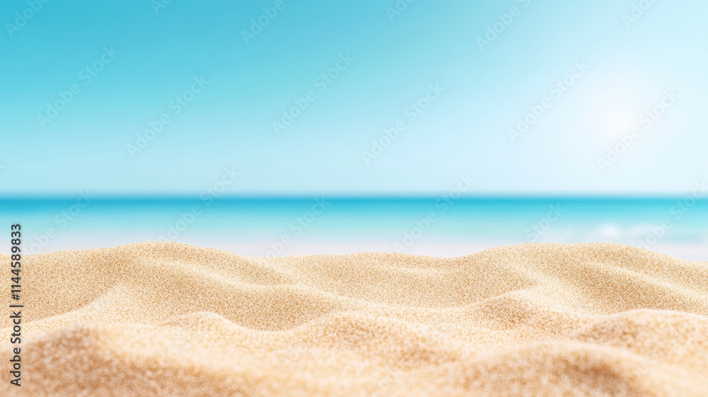 Poster serene beach scene featuring soft golden sand with gentle waves in background, creating tranquil atm