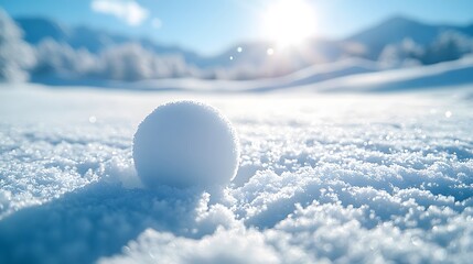 A rolling snowball captures dynamic motion on pristine snow, with bright winter sunlight and flying particles, set against a clear blue sky in a high-speed, crisp winter wonderland shot.