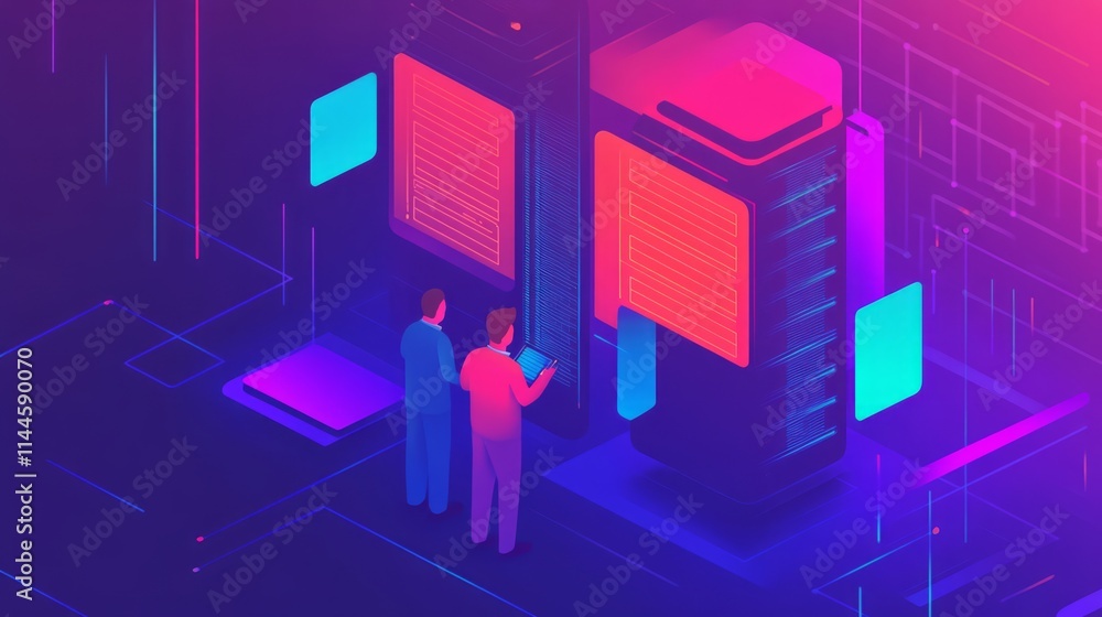 Poster futuristic data analysis concept with two professionals interacting with abstract technological inte