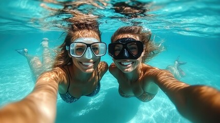 Naklejka premium Two friends snorkeling underwater, smiling and enjoying.