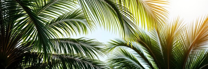 Fototapeta premium Lush green palm leaves against blue sky background, background, paradise, serene