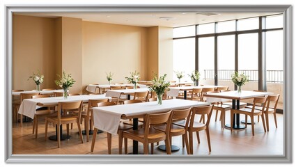 Fototapeta premium A Bright and Inviting Cafeteria Interior, Featuring Warm Lighting, Comfortable Seating, and Modern Decor, Creating a Welcoming Atmosphere for Socializing and Enjoying Meals in a Relaxed Environment