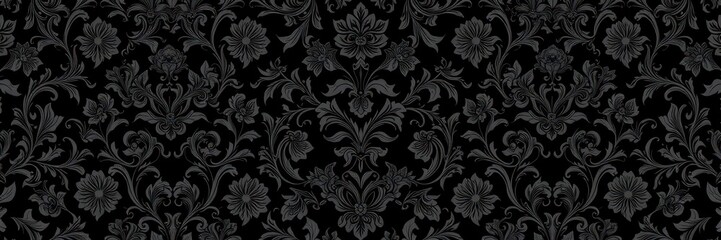 Fototapeta premium Luxurious black charcoal floral wallpaper with intricate botanical design and rich texture, pattern, luxury, black