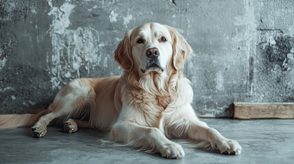 Laying down golden retriever, sitting pose on the floor