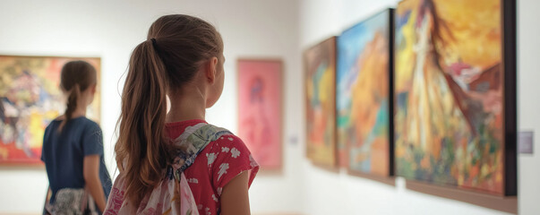 Young girls exploring colorful paintings in art gallery, appreciating cultural heritage and creativity in serene environment