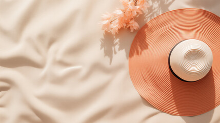 Minimalist summer flat lay with an orange wide-brimmed hat and soft floral accents