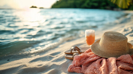 Straw hat, coral blanket, and tropical drink on a scenic beach at sunset