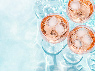 Chilled rose wine glasses with ice above bright pool surface, creating refreshing summer vibe. Perfect for relaxation and enjoyment