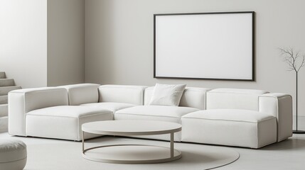 Elegant Scandinavian room featuring white modular sofa, sleek round coffee table, and pronounced 3D-bordered poster frame designed for advertising on minimalist background.