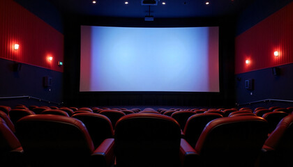 Empty cinema hall with red chairs and a blank screen.