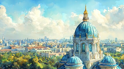 Naklejka premium Smolny cathedral with blue domes overlooking saint petersburg cityscape