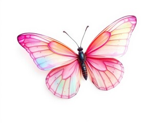 Pink butterfly with delicate wings in shades of pink fluttering gracefully on a crisp white background, beauty, colorful, pastel