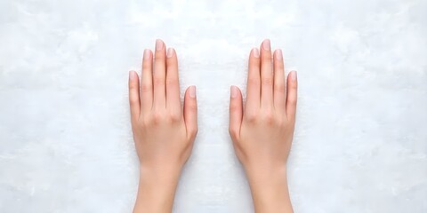 Two hands displayed palm-down on a light surface, with neatly trimmed nails and a natural skin tone. Concept Hand Anatomy, Nail Care, Natural Skin Tone, Light Surface Textures, Palm-Down Position